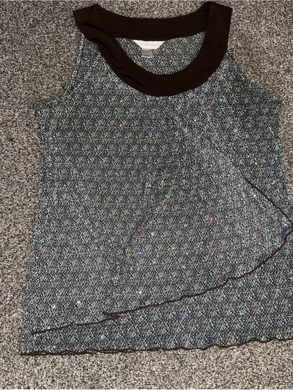 Christopher & Banks Ruffle Overlap Turquoise Scale Pattern w/ Sequins (L) Large